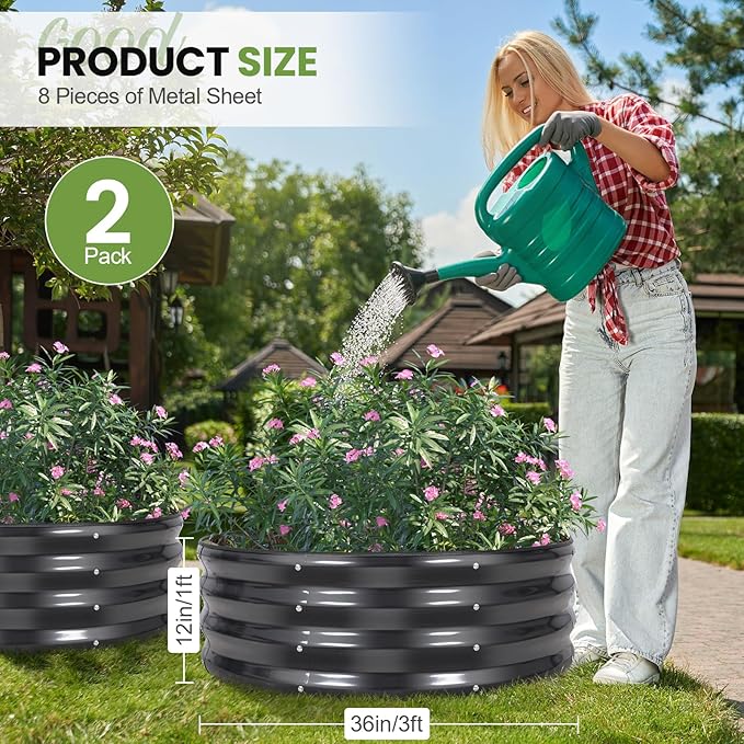 G GOOD GAIN Round Raised Garden Bed - 2Pcs 3x3x1ft Galvanized Steel Planter Boxes Outdoor with Rubber Edge Trim | Metal Raised Beds for Gardening Vegetables Flowers Fruits Herbs (Dark Grey) GGOODGAIN