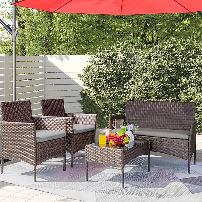 Greesum Patio Furniture 4 Pieces Conversation Sets Outdoor Wicker Rattan Chairs Garden Backyard Balcony Porch Poolside loveseat with Soft Cushion and Glass Table, Brown and Gray BuynowfromGreesum