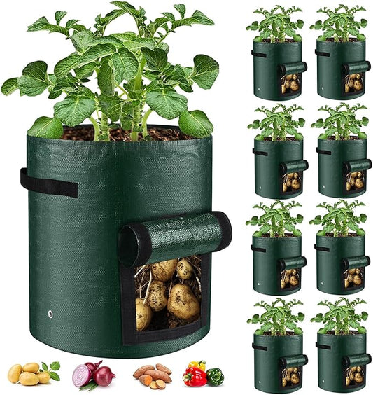 10 Gallon 8-Pack Grow Bags, Durable PE Fabric Pots with Flap and Handles, Green Planter Bags for Potato Vegetables Flowers Herbs Garden Outdoor, 17.7''x13.8'' Large for All Plants Growing Lifeisbetterinthegarden