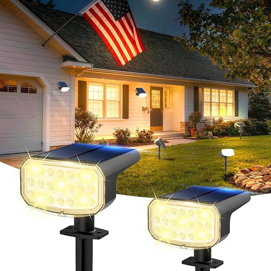 Solar Lights Outdoor Waterproof IP65, Super Bright LED with Lens, 3000K 2 Lighting Modes, Solar Powered Yard Garden Solar Spot Lights for Outside Landscape Auto On/Off -2 Pack JEJOT