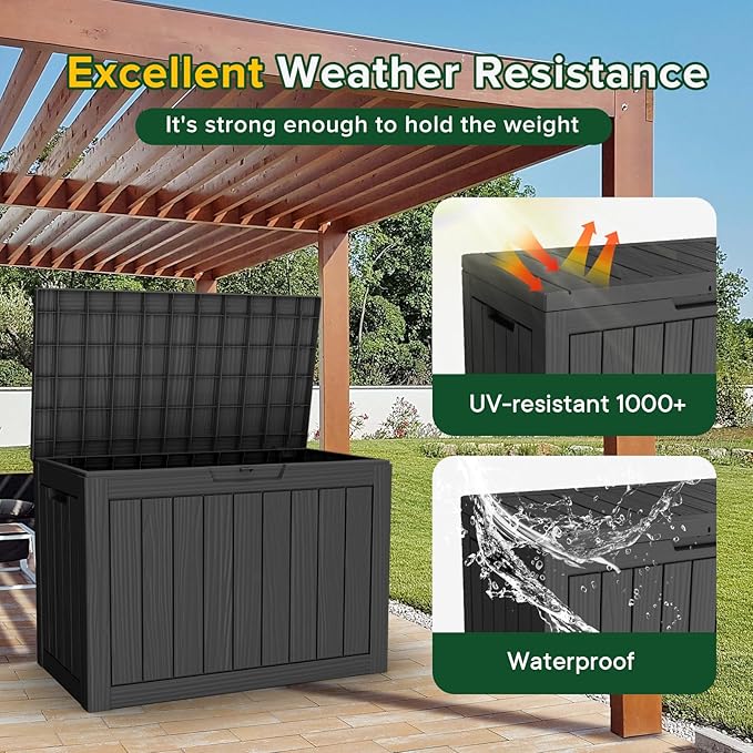 EasyUp 45 Gallon Outdoor Storage Box Waterproof, UV Resistant Deck Box Outdoor, Lockable Resin Deck Boxes for Garden Tools Equipment and Cushions, Black EASYUP