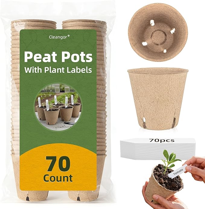 70Pcs Biodegradable 4” Peat Pots with 70Pcs Plant Labels, Biodegradable Seed Starter Pots with Drainage Holes, Nursery Pots for Seedlings, Herbs, Vegetables, Flowers, Gardening Kit Cleangor
