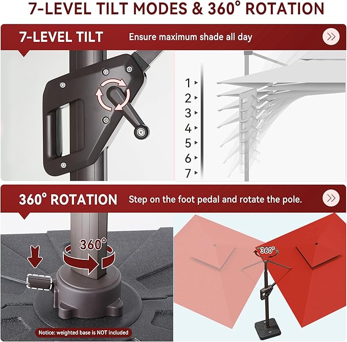 10 X 13 FT Cantilever Outdoor Patio Umbrella with Base Included with Led Lights Large 360° Rotation Double Top Offset Heavy Duty Rectangular Umbrellas for Backyard Outside Deck, Wine Red MEVBC