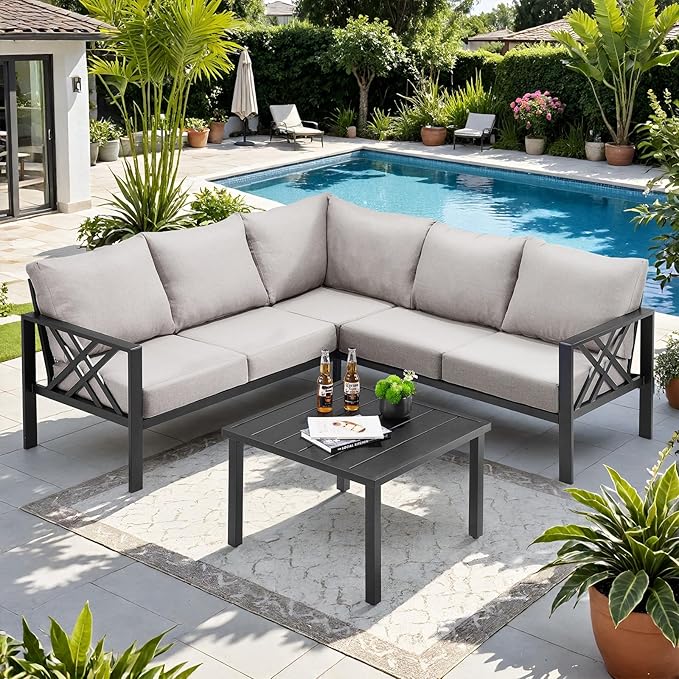 Patio Furniture Set, 6-piece Metal Sectional Furniture Sofa with Coffee Table, L Shaped Outdoor Couch with Olefin Cushion, Highback Frame, Outdoor Patio Conversation Sets for Balcony Backyard, Grey ONBRILL