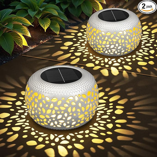 Solar Lanterns Outdoor Waterproof: 2 Pack White Hollow Out Metal Solar Lights - 2 Lighting Colors Outside Garden Yard Porch Indoor Tabletop Retro Decorations - Unique Gifts for Women Mom Wife NFEVER