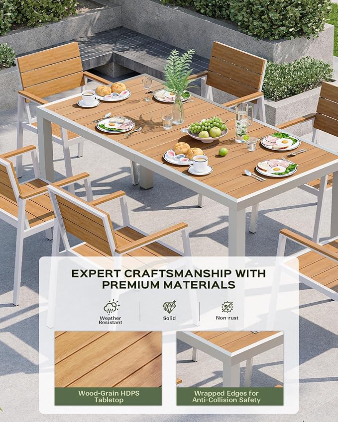 7-Piece Outdoor Dining Set, Aluminum Dining Table Set for 6, Patio Table and Chairs Set with Umbrella Hole, All Weather HDPS Outdoor Table and Chairs for 6 (White-Teak) Vexwalx