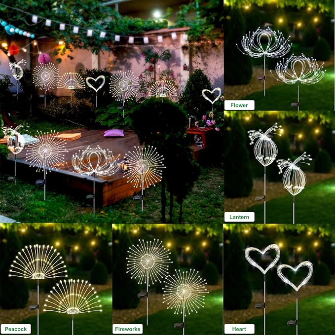 Solar Garden Lights Outdoor Waterproof, 2 Pack 120 LED Solar Firework Lights Decorative Garden Décor Outside for Flowerbed Pathway Party Christmas Decoration, White Slyuexu