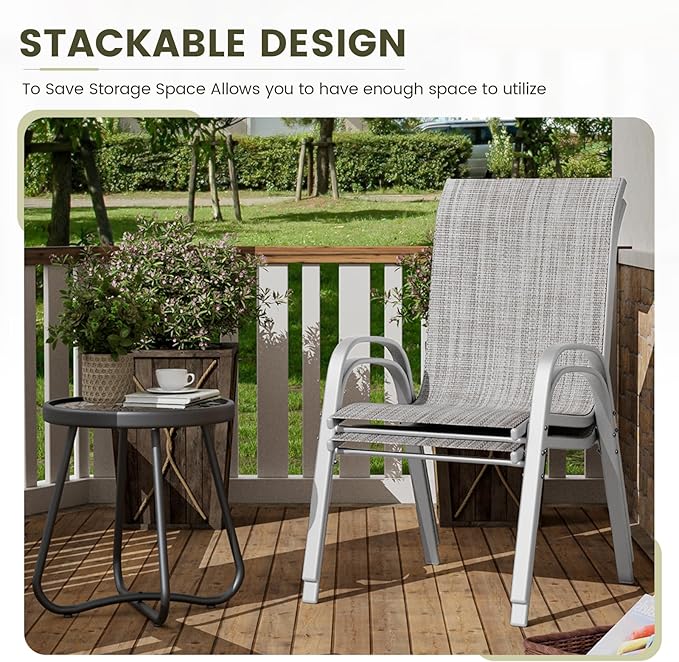UDPATIO Patio Chairs Set of 2, Stackable Silver Outdoor Dining Chairs with High Back, Breathable Textilene Fabric Outdoor Chair All Weather, 350LBS Capacity for Garden, Backyard (Light Grey) UDPATIO