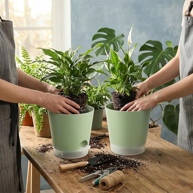 GARDIFE 2026 Upgraded Self Watering Plant Pots with Drainage Hole, 7/6.5/6/5.5/5/4 Inch Flower Planting Containers for House Plants, African Violet, Flowers, Cactus (Green, 7+6.5+6+5.5+5+4 inch) GARDIFE