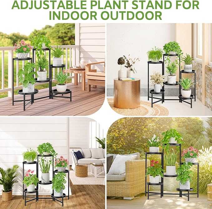 iDavosic.ly 6 Tier Large Plant Stand Indoor with 10 Inch Wide Tray, Tiered Corner Metal Outdoor Flower Display Holder Shelf, Folding Tall Rack for Patio Porch Living Room, Modern Black iDavosicly