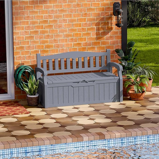 Patiowell 75 Gallon Plastic Storage Bench, Water-Resistant Deck Box for Patio Furniture, Garden Tools, Pool Storage and Outdoor Cushions, Grey Patiowell