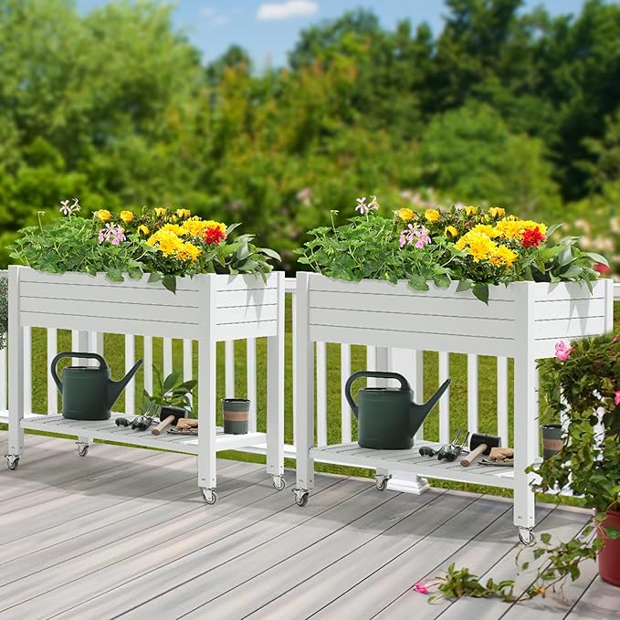 YITAHOME 43.3x17.7x34 in Elevated Garden Bed, Outdoor Plastic Planter Box with Wheels, Legs, Drain Plug, and Storage Shelf for Plants, Vegetables, Flowers, Herbs, Grayish-White YITAHOME