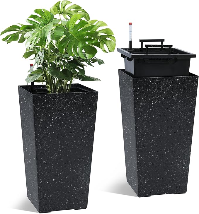 GarveeLife 22.5" Tall Planters Set of 2, Outdoor&Indoor Black Planter Pots, High Front Porch Planter Pots With Drainage Holes&Water Level Monitor&Inner Bucket, Automatic Watering, Black and White Dots GarveeLife