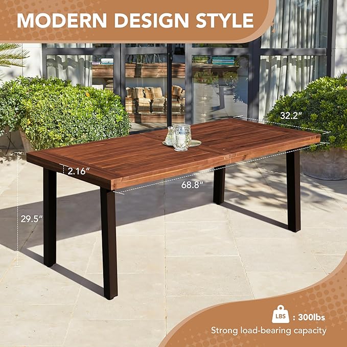 Devoko Home Acacia Wood Dining Table 6-Person Indoor Outdoor Table with Iron Legs, Sandblast Finish, Natural Stained, Rustic Metal, 69 * 33 * 30 inch (Walnut Brown) DEVOKO