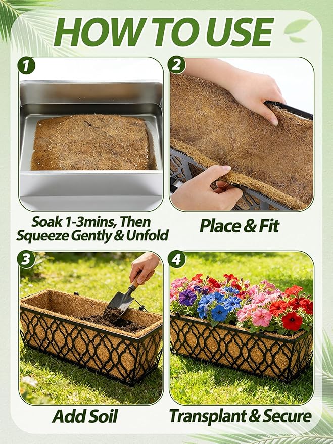 24in Tapered Coco Liners for Window Planter Box - 2 Pack 100% Natural Coconut Coir Fiber Liner Replacement for Deck Flower Box, Garden Railing Fence Wall Planter Basket ANPHSIN