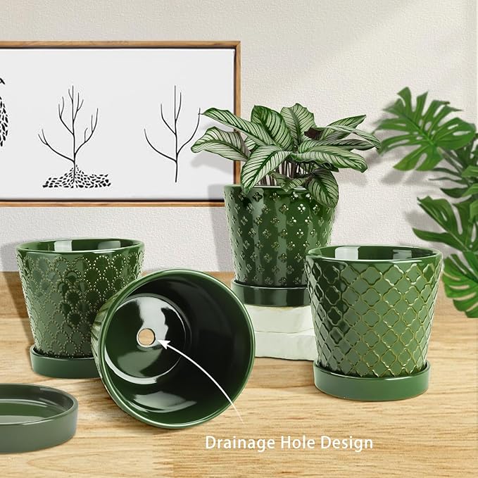 EFISPSS Ceramic Plant Pots, 5 Inch Planters with Drainage Holes and Ceramic Tray, Relief Design Flower Planter, Desktop Office Windowsill Decoration Gift Set of 4 - Blackish Green EFISPSS
