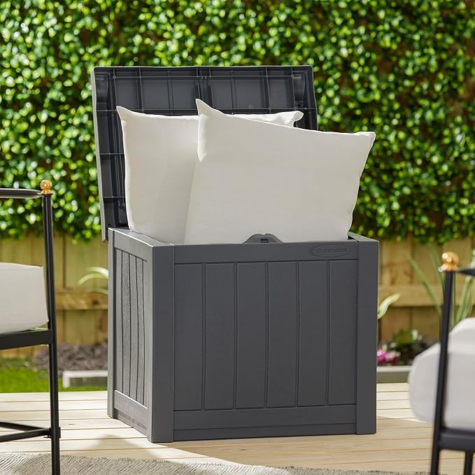 Suncast Small Deck Box Storage w/ Bench Seat for Indoor & Outdoor Use, 22 Gal., Cyberspace Suncast