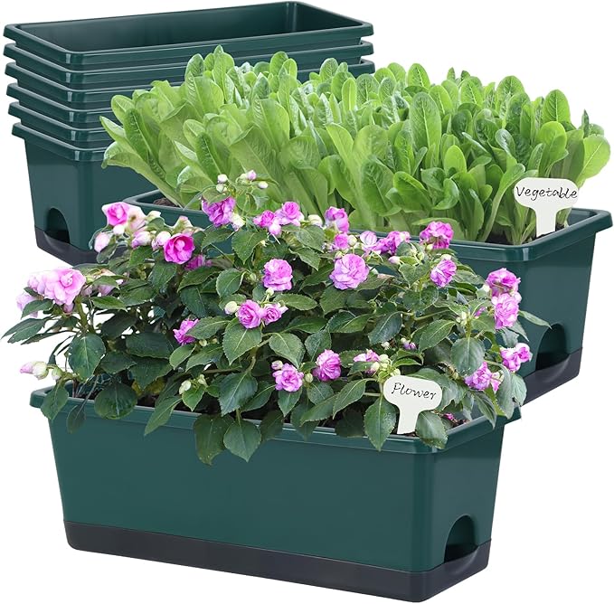 Window Box Planter 8 Pcs, 17 Inches Rectangle Flower Pots with Drainage Holes & Trays, Vegetable Planters for Windowsill Patio Garden Balcony Home Indoor Outdoor (Dark Green, 16 * 7 * 6 inch) Oliz