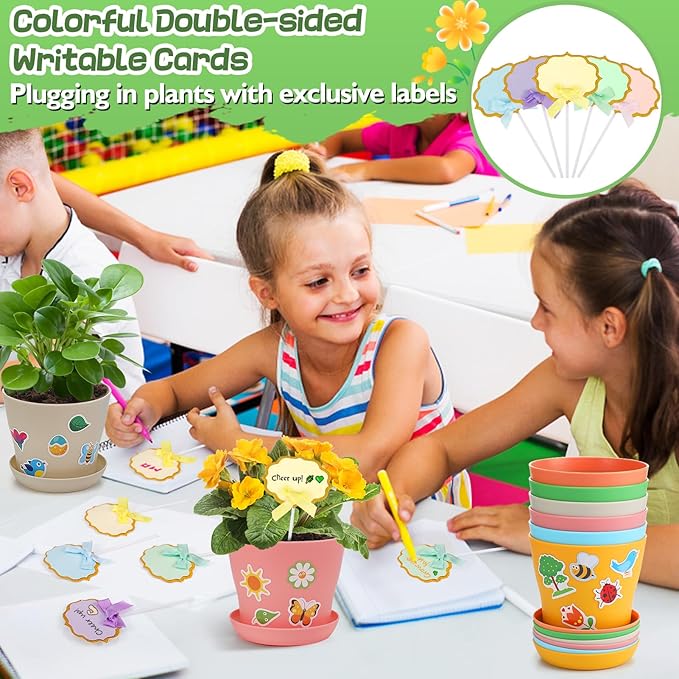 Durable Resin Garden Pot Craft Kit for Kids- 24 Pack Colorful Flower Plant Spring Crafts with Super-adhesive Stickers & Blank Labels School Activities Growing Kit for Classroom Home DIY Gift 4+ years Cosweet