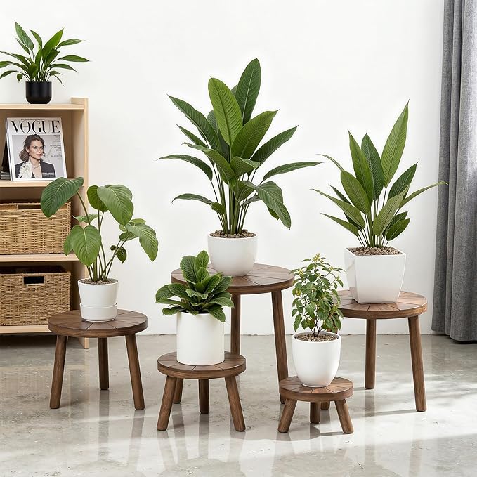 Delma Wood Plant Stands Indoor, 5-Pack Single Plant Stand for 6-12 Inch Pots, Mid-Century Modern Plant Stool, Tall Plant Stand for Large Plants for Living Room, Balcony, Office (Dark Brown, 5-Pack) Delma