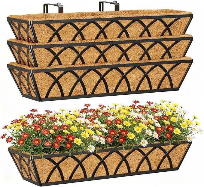24 Inch Window Deck with Coco Liner, 24" Window Boxes Horse Trough with Coconut Coir Liner, Fence Metal Hanging Flower Planter Window Basket Deck Railing Planter Boxes for Outdoor Garden Lawn, 4pcs YM