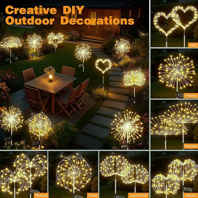btfarm 1 Pack Solar Garden Lights Outdoor, 8 Modes Firework Lights Solar Powered, Waterproof Twinkle Fairy Light Outside for Yard Patio Pathway Pool Christmas Party Decorative, Warm White btfarmdecorativelighting
