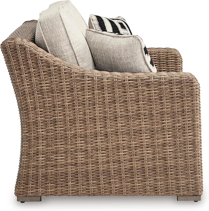 Signature Design by Ashley Beachcroft Casual Nuvella Weather Resistant Fabric, Resin Wicker Outdoor Loveseat with Cushion and 2 Accent Pillows, Dark Brown & Beige SignatureDesignbyAshley