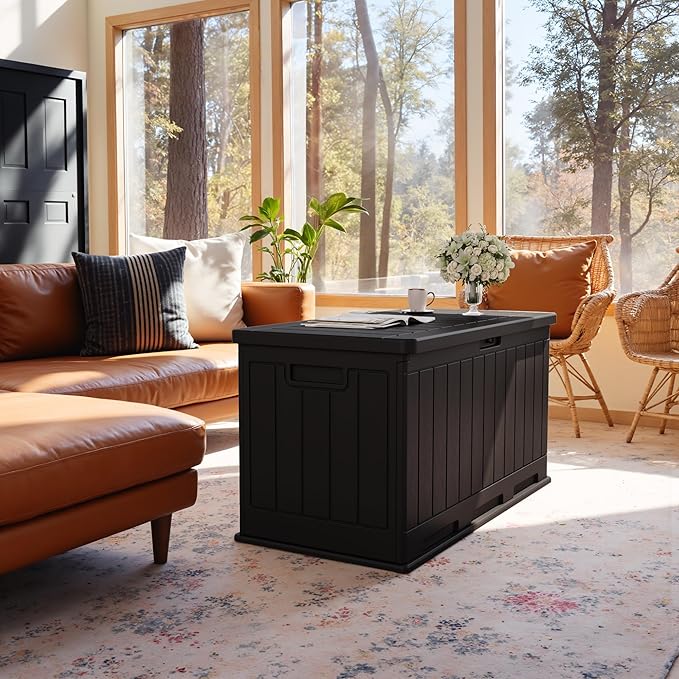 JUMMICO 90 Gallon Waterproof Resin Deck Box, Double Wall Outdoor Storage Box with Lockable Lid for Garden Tools, Patio Cushions, Pools (Black) JUMMICO