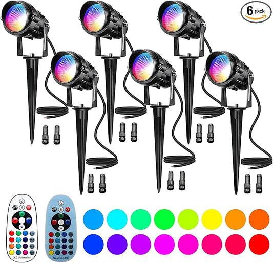 Christmas Landscape Lights 12W RGBW Outdoor Spot Lights for Yard, Low Voltage LED Landscape Spotlight with Remote Control, IP65 Waterproof Yard Spotlgiht for Lawn, Garden, 6 Pack UPONELED
