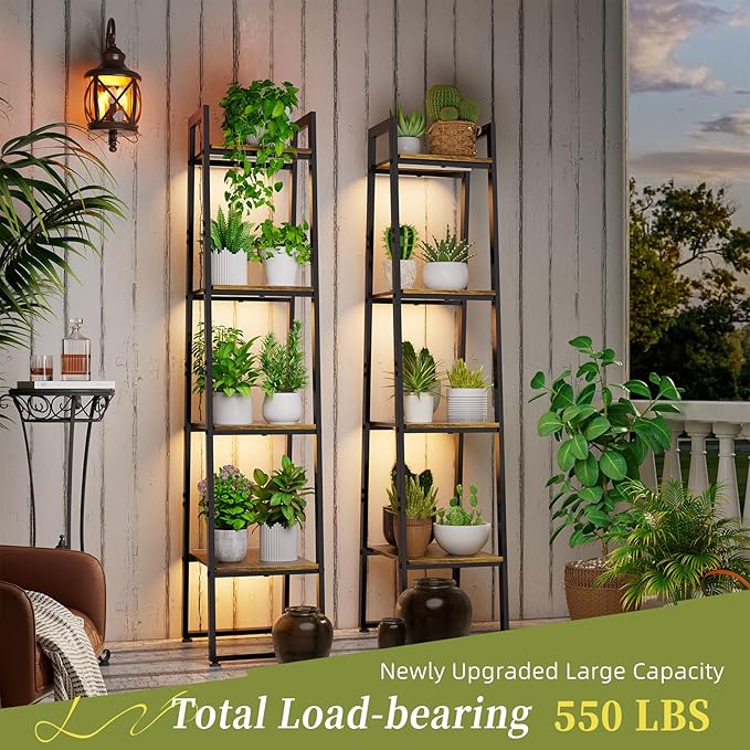 Simple Trending Tall Plant Stand Indoor with Grow Lights, 4 Tier Metal Plant Shelf for Multiple Flower Planter, Heavy Duty Ladder Plant Display Holder for Home Patio, Black SimpleTrending