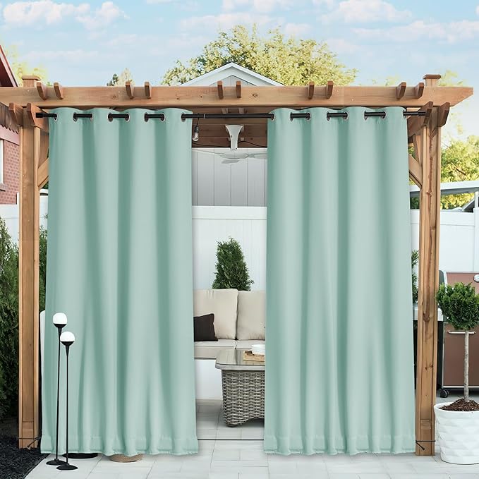 NICETOWN 2 Panels Waterproof Outdoor Curtains Fixed Grommet & Back Tab on Top & Bottom, Thermal Insulated Keep Rain & Sun Out Privacy Windproof Outdoor Draperies with Rope, W52 x L72, Aqua Blue NICETOWN