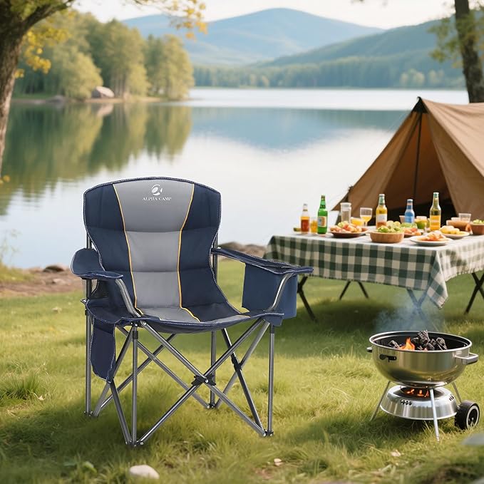 ALPHA CAMP Heavy Duty Camping Chair 500LBS Capacity, Oversized Folding Chair for Heavy People, Padded Portable Outdoor Chair with Cooler Bag & Cup Holder for Camping, Fishing, Beach ALPHACAMP