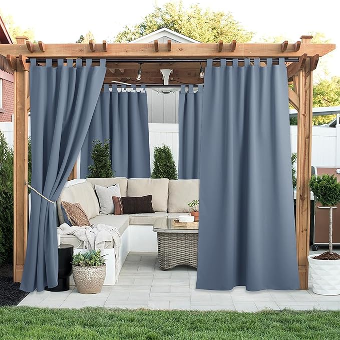 NICETOWN 2 Panels Self Stick Tab Top Outdoor Curtainss for Patio Waterproof, Indoor Outdoor Blinds Room Darkening Window Treatments Rain & Sun Blocking Drapes for Pool, W52 x L84, Stone Blue NICETOWN