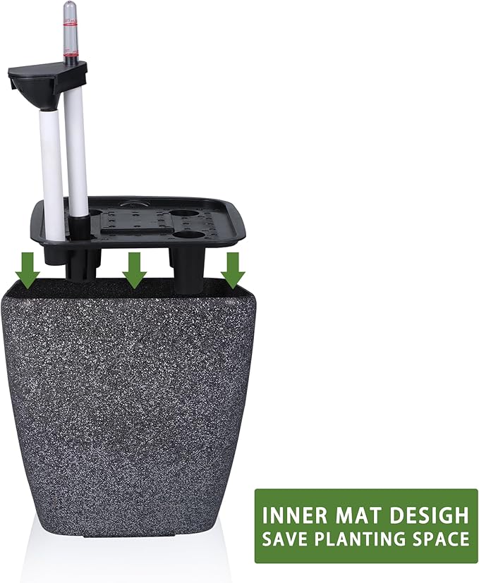 Dexceder 15x14 Self Watering Planter with Wheels Indoor Outdoor, Inner Mat Design, Thickened Large Floor Standing Flower Plant Pot with Water Level Indicator (Stone Matte) Dexceder