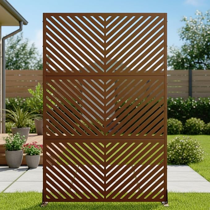Casaphoria Metal Privacy Screen Outdoor, 72" H x 47" W Freestanding Decorative Privacy Screen for Patio Deck Balcony Garden with Stable Base, Brown-Parallel Casaphoria