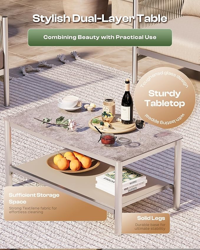 Aluminum Outdoor Patio Furniture Set with Dual-Layer Coffee Table, 4 Piece Modern Patio Conversation Sets with PE Rope, Outdoor Sectional Sofa with Thick Cushions for Balcony, Porch, Beige Oasbira
