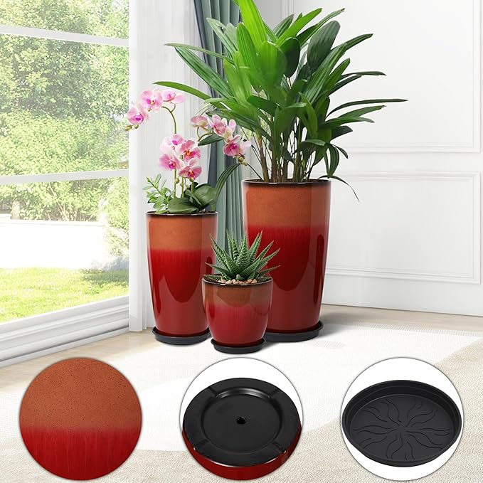 24/21/12 Inch Large Plastic Planter, Lightweight Ceramic-Look Tall Planters with Drain Hole & Saucers, Tall Plastic Planters for Porch, Garden, Patio, Balcony(Fiery Red) Neoaider