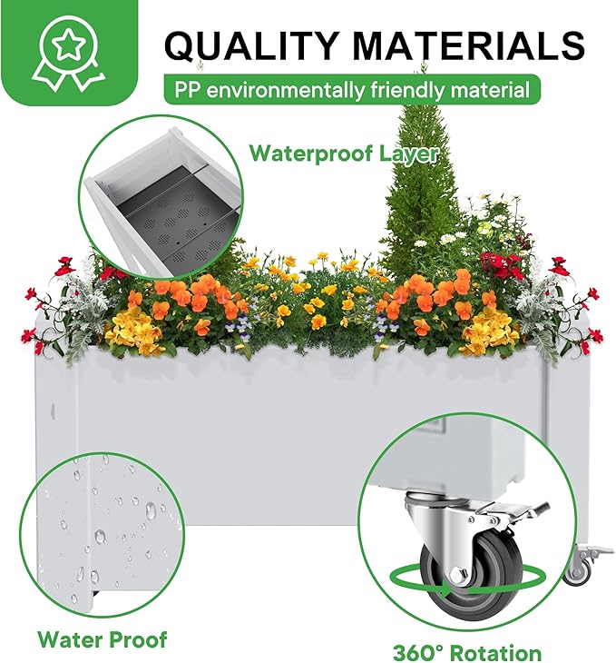 Raised Garden Bed with Wheels, 14 Gallon Self-Watering Raised Planter Box with Drainage Plug & Gauge for Vegetables Flowers Herbs Succulents, Rustproof Resin for Backyard Patio Porch (Ashen) OutdoorLivingPerfected
