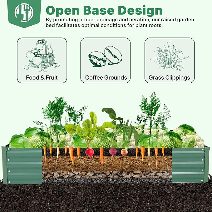 ONCEMORE Galvanized Raised Garden Bed for Vegetables Flowers Herbs, Metal Raised Garden Bed Kit with 2 PCS Tomato Cage, Gloves, Trellis Netting, Plant Labels, Plant Ties, Green 6×3×1FT ONCEMORE