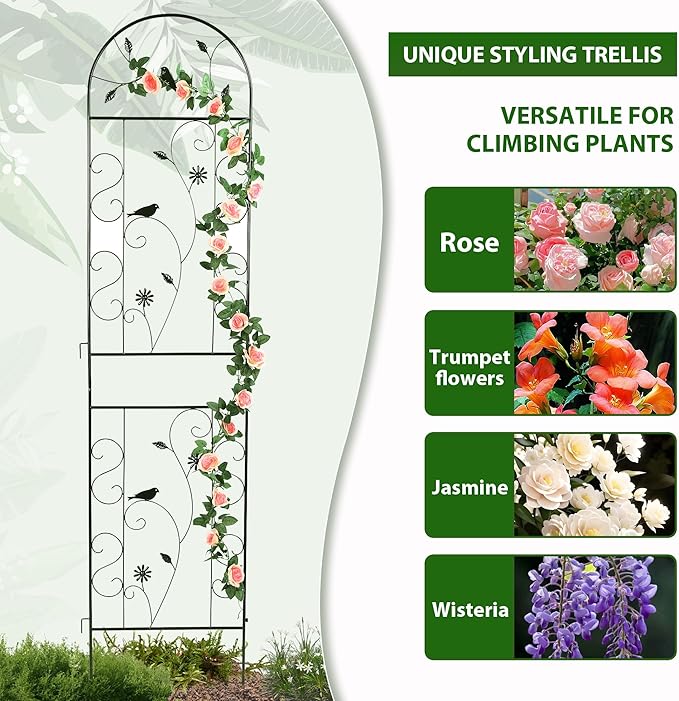 Metal Garden Trellis for Climbing Plants, 4 Pack 86.5" x 19.7" Black Plant Trellis Outdoor, Clematis Rrellis Outdoor, Arched Decoration Suitable for lawns, Gard, Black FHWTY