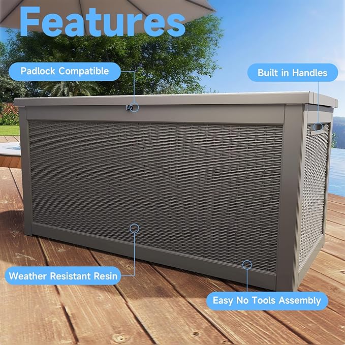 310 Gallon Lockable Outdoor Storage Box – Waterproof Resin Deck Box for Patio Furniture, Garden Tools, Pool Accessories (Gray) Rootora
