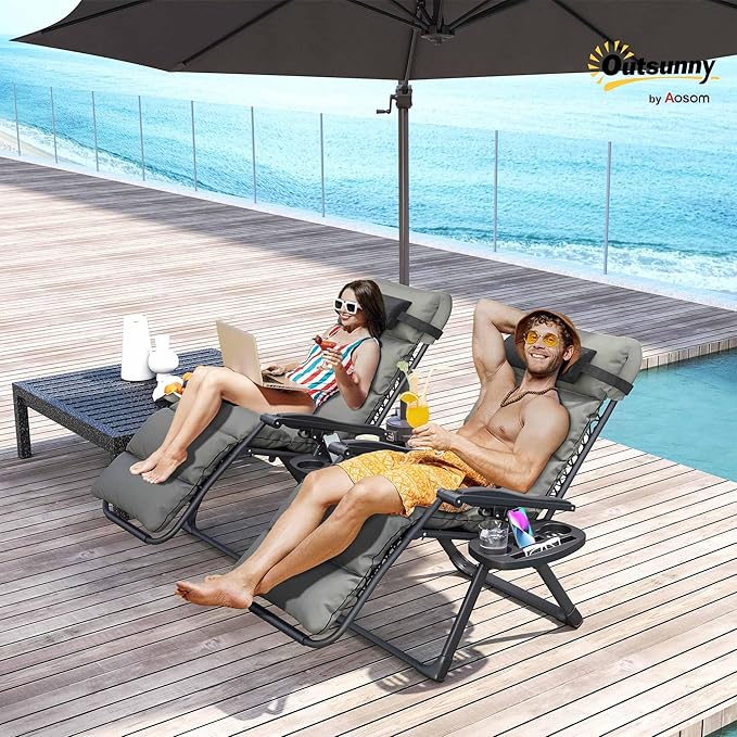 Outsunny Zero Gravity Chairs Set of 2, Reclining Folding Zero Gravity Lounge Chair, Outdoor Lounge Chairs with Removable Cushion, Headrest, and Cup Phone Holder Tray for Patio, Beach, Gray Outsunny