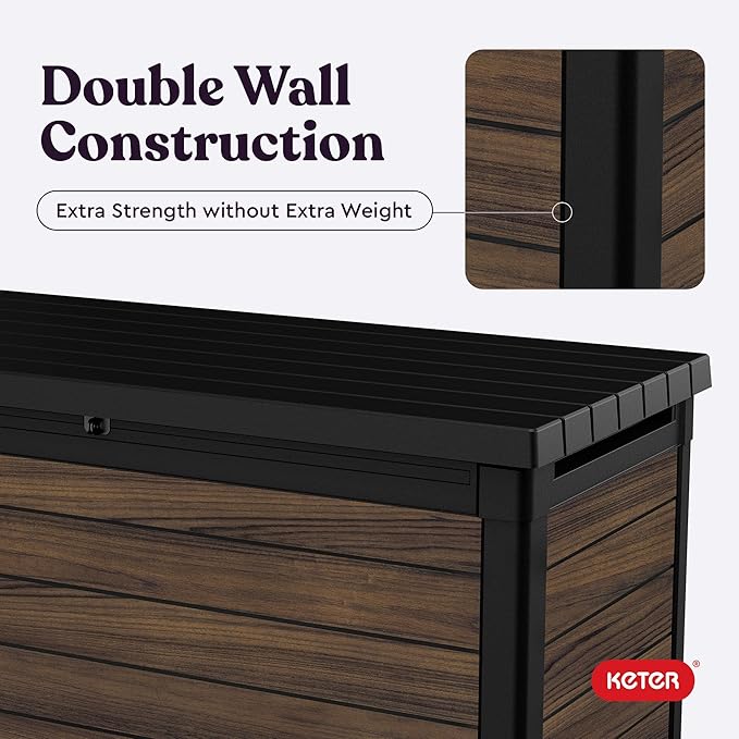 Keter Signature Collection 150 Gallon Resin Deck Box Organization and Storage for Patio Outdoor Cushions, Throw Pillows, Garden Tools and Pool Supplies, Rosewood Keter