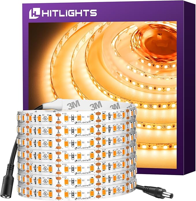 HitLights LED Strip Lights Warm White 2700K, 16.4ft High Density Tape Light for Bedroom, 600 LEDs/Reel, 300LM/Feet, UL-Listed, 12V Flexible Dimmable Rope Lights for Room, Home, Under Cabinet Lighting HitLights