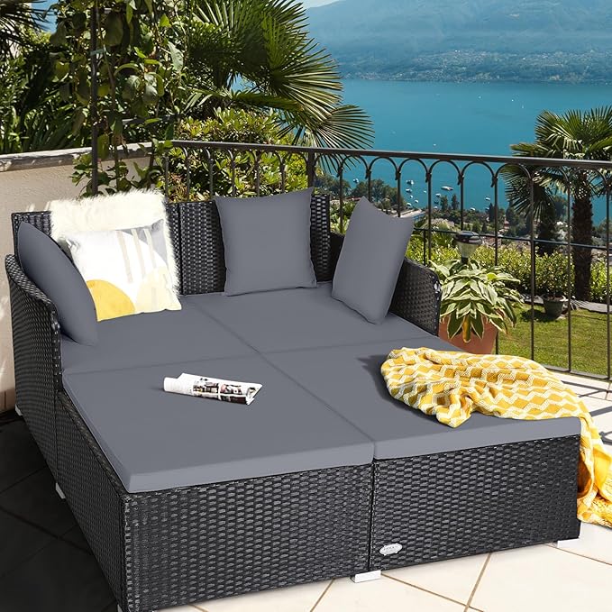 HAPPYGRILL Outdoor Rattan Daybed Patio Loveseat Sofa Set with Padded Cushion Pillows and Sturdy Aluminum Foot Wicker Patio Furniture for Garden Porch Poolside HAPPYGRILL