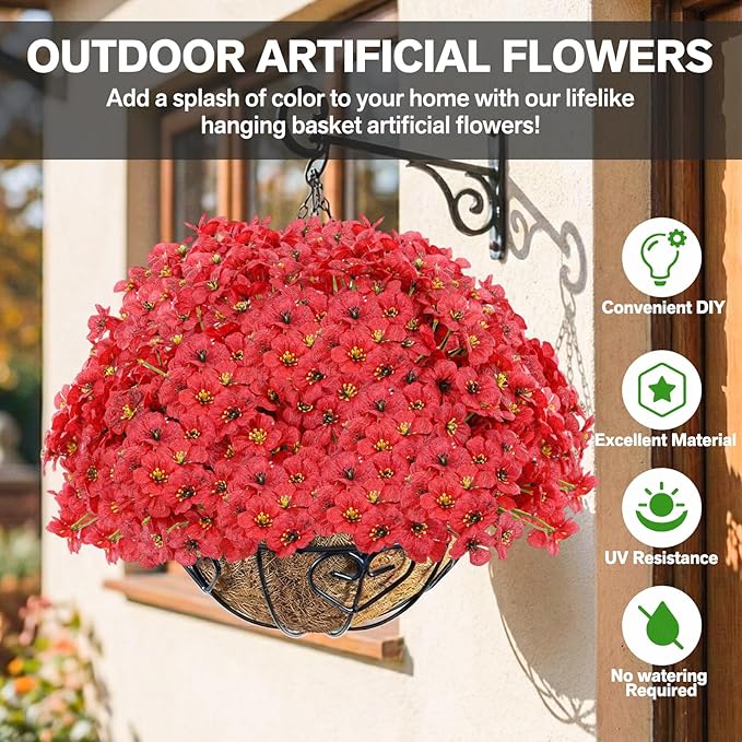 22 Pack Artificial Flowers Outdoor Fake Plants, Faux Flowers UV Resistant with Plastic Plants, Faux Silk Flowers for Outdoors Outside Front Porch Hanging Planter Window Box Garden Decoration(Red) Powbrace