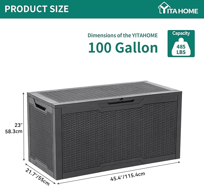 YITAHOME 100 Gallon Resin Deck Box, Weather Resistant Outdoor Storage Box, Lockable Indoor Outdoor Storage for Supplies and Essentials, Dark Gray YITAHOME