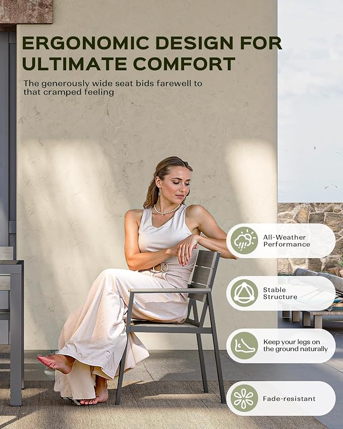 Outdoor Dining Chairs Set of 2, HDPS + Aluminum Patio Dining Chairs with Ergonomic Design and Wide Seat, 2 Piece Outdoor Chairs for Garden, Backyard, Deck (Gray) Vexwalx