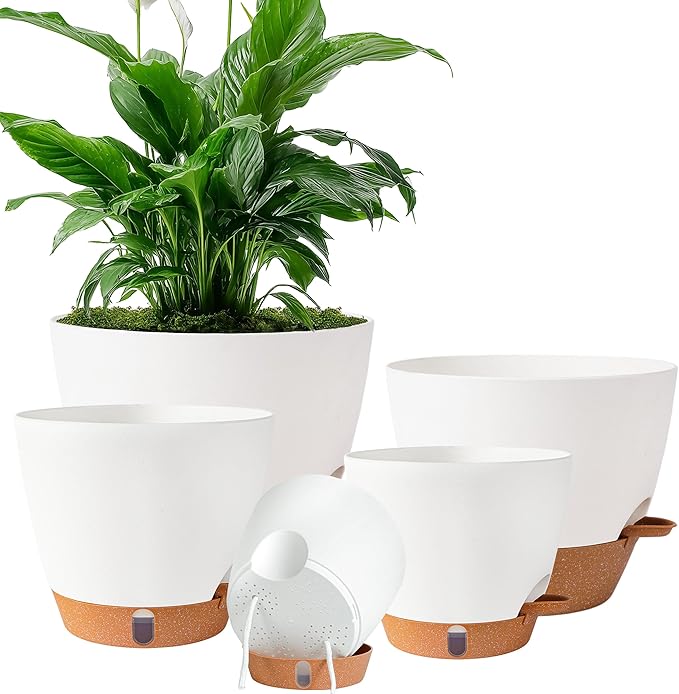 Self Watering Pots for Inoor Ourdoor Plants 10/9/8/7/6.5 Inch Plastic Planters with Drainage Holes & Water Level Indicator, Decorative House Flower Nursery Planting Pots with Saucers ((White) Fielda