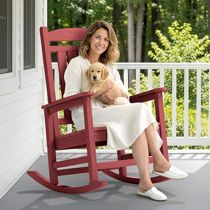 SERWALL Oversized Outdoor Rocking Chair, All-Weather Patio Rocking Chair, HDPE Porch Rocker for Adults, Red SERWALL